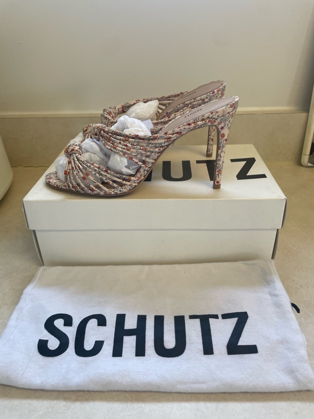 SCHUTZ Floral Pink Strappy Knot-Front Stiletto Mules